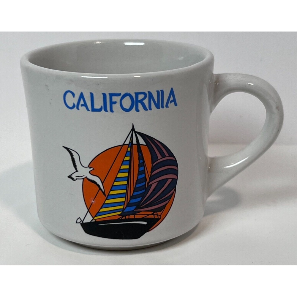 California Coffee Mug White Sail Boat Sunshine Seabird Nautical Sailing Retro‎